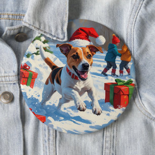 Chapa Redonda De 15 Cm Jack Russell corriendo en la nieve con sombrero de