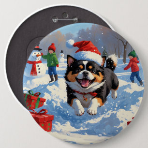 Chapa Redonda De 15 Cm Japanese Chin corriendo en la nieve con sombrero d