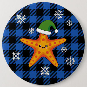 Chapa Redonda De 15 Cm Kawaii Navidad Starfish en patrón de búfalo azul