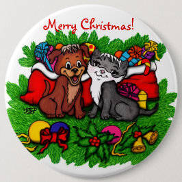 Chapa Redonda De 15 Cm Kitty and Puppy , Happy XMas