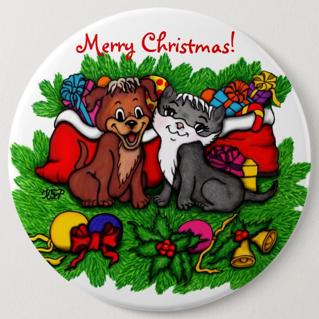 Chapa Redonda De 15 Cm Kitty and Puppy , Happy XMas (Anverso)