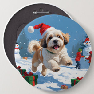 Chapa Redonda De 15 Cm Lhasa Apso corriendo en la nieve con sombrero de N