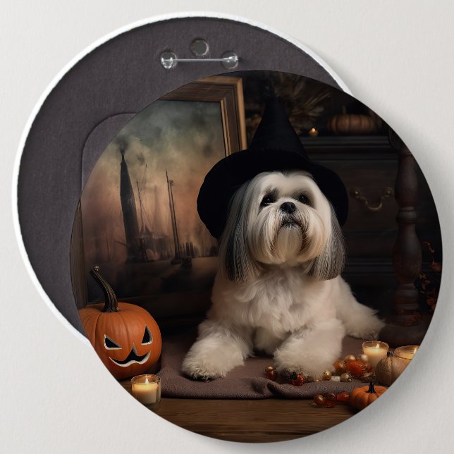 Chapa Redonda De 15 Cm Lhasa Apso Pumpkins Halloween Scary (Anverso y reverso)