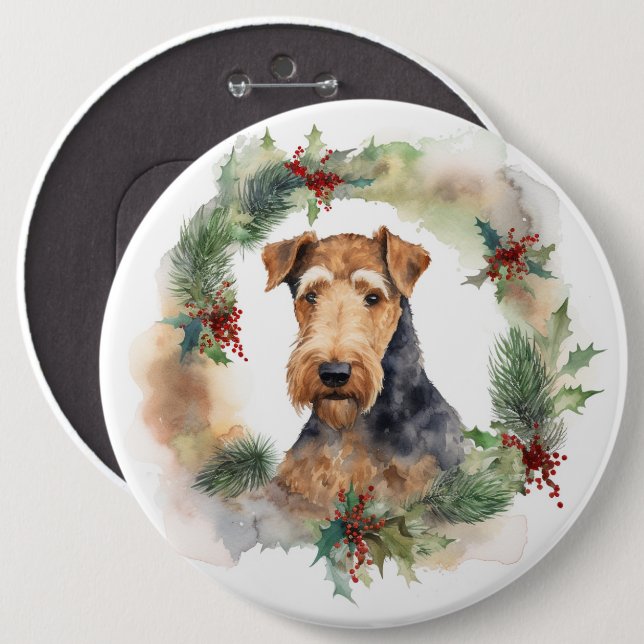 Chapa Redonda De 15 Cm Navidades de Airedale Wreath Festive Pup (Anverso y reverso)