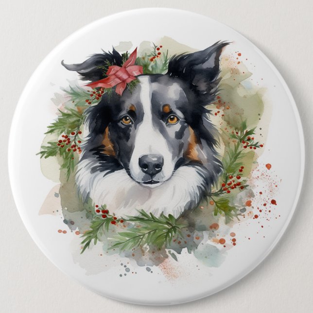 Chapa Redonda De 15 Cm Navidades de Border Collie Wreath Festimes Pup (Anverso)