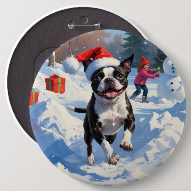Chapa Redonda De 15 Cm Navidades de Boston Terrier celebran escena de nie (Anverso y reverso)
