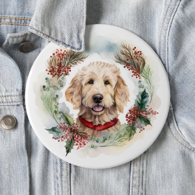 Chapa Redonda De 15 Cm Navidades de Goldendoodle Wreath Festial Pup (In situ)