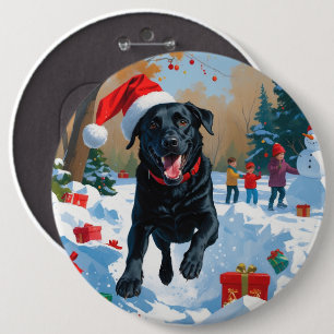 Chapa Redonda De 15 Cm Navidades de Labrador Negro festejan escena de nie