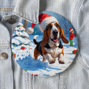 Chapa Redonda De 15 Cm Navidades del Hound Basset Festive Escena de Nieve
