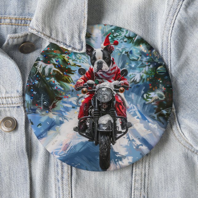 Chapa Redonda De 15 Cm Navidades en motocicleta de Boston Terrier Dog Rid (In situ)