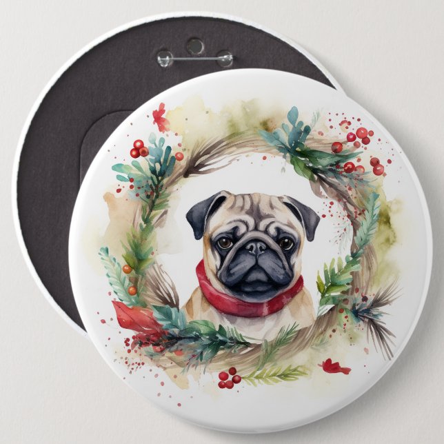Chapa Redonda De 15 Cm Navidades Pug Wreath Festix Pup (Anverso y reverso)