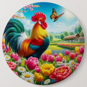 Chapa Redonda De 15 Cm Obra de arte de gallos/gallos/gallinas con flores/