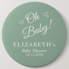 Chapa Redonda De 15 Cm "Oh Baby" Sage Green Modern Baby Shower Minimalist