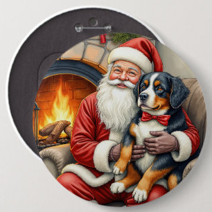 Chapa Redonda De 15 Cm Papá Noel sosteniendo un perro de montaña bernés e