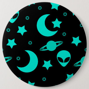 Chapa Redonda De 15 Cm Patrón de Alien Turquesa con Estrellas y Lunas