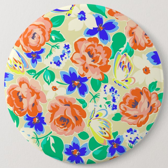 Chapa Redonda De 15 Cm Patrones de rosas de mariposas alegres (Anverso)