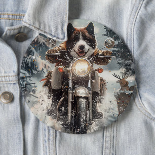 Chapa Redonda De 15 Cm Perro Akita Americano Montando Motocicleta Navidad