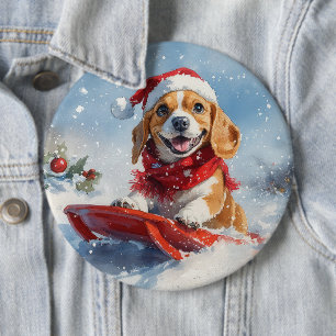 Chapa Redonda De 15 Cm Perro Beagle en Trineo Deja que Nieve Navidad
