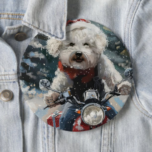 Chapa Redonda De 15 Cm Perro Bichon Frise montando motocicleta en Navidad