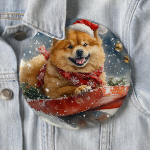 Chapa Redonda De 15 Cm Perro Chow Chow en Trineo Deja que Nieve Navidad