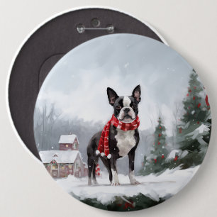 Chapa Redonda De 15 Cm Perro de Boston Terrier en Navidades de Nieve