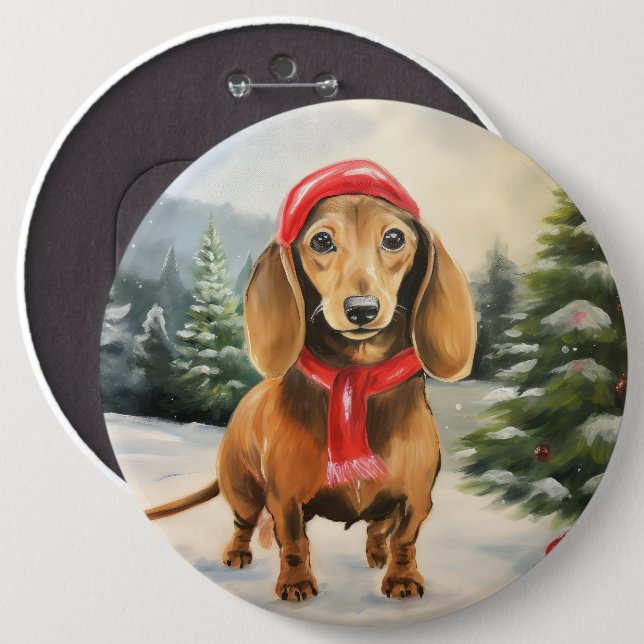 Chapa Redonda De 15 Cm Perro de Dachshund en Navidades de nieve (Anverso y reverso)