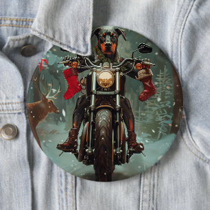 Chapa Redonda De 15 Cm Perro Doberman montando motocicleta Navidad