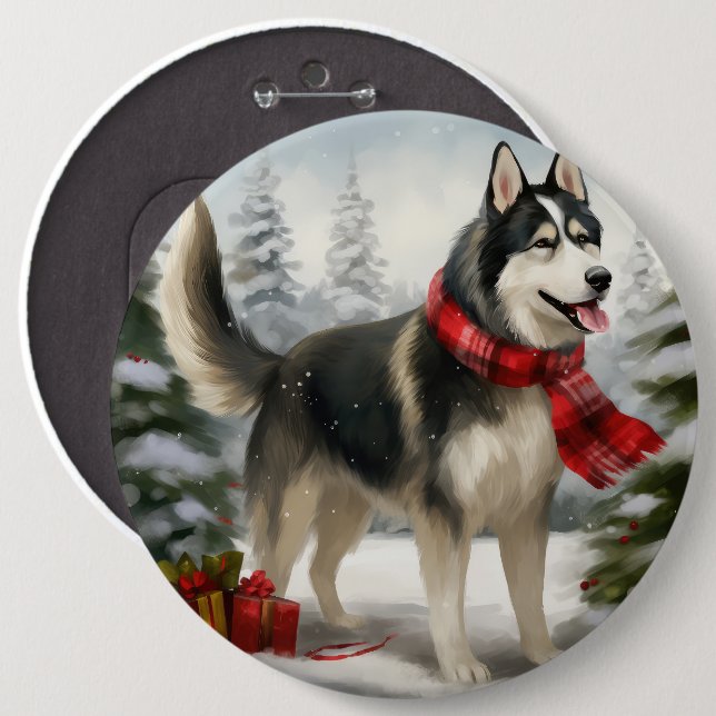 Chapa Redonda De 15 Cm Perro Husky Siberiano en Navidades de nieve (Anverso y reverso)