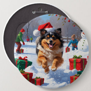 Chapa Redonda De 15 Cm Perro Keeshond corriendo en la nieve con sombrero 