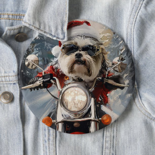 Chapa Redonda De 15 Cm Perro Malti Tzu montando motocicleta Navidad