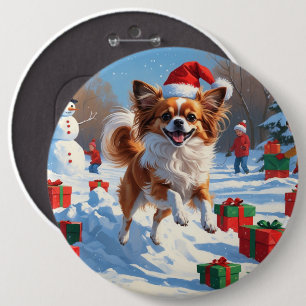 Chapa Redonda De 15 Cm Perro Papillon corriendo en la nieve con sombrero 