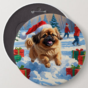 Chapa Redonda De 15 Cm Perro Pequinés Corriendo en Nieve con Sombrero de 