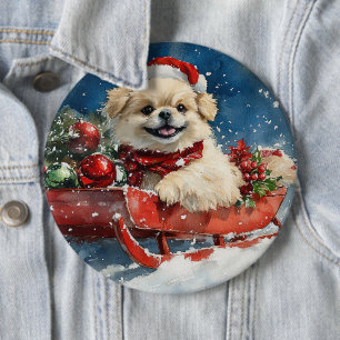 Chapa Redonda De 15 Cm Perro Pequinés en Trineo Deja que Nieve Navidad