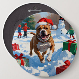 Chapa Redonda De 15 Cm Perro Pitbull corriendo en la nieve con sombrero d