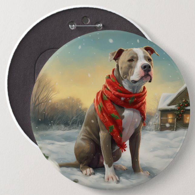 Chapa Redonda De 15 Cm Perro Pitbull en Navidad con Nieve (Anverso y reverso)