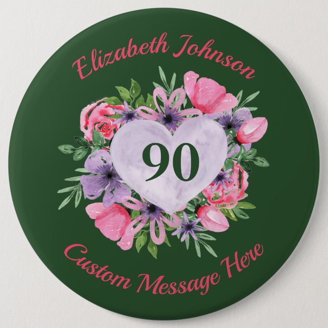 Chapa Redonda De 15 Cm Personalized Green 90th Birthday Button (Anverso)