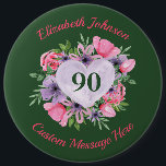 Chapa Redonda De 15 Cm Personalized Green 90th Birthday Button<br><div class="desc">Looking for an inexpensive gift idea for a 90 year old woman? She'll love this gorgeous green 90th birthday button with a lovely floral heart design. Add her name above the floral heart, and any message of your choice underneath. Great way for her to let everyone know she's turning 90!...</div>