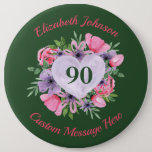 Chapa Redonda De 15 Cm Personalized Green 90th Birthday Button<br><div class="desc">Looking for an inexpensive gift idea for a 90 year old woman? She'll love this gorgeous green 90th birthday button with a lovely floral heart design. Add her name above the floral heart, and any message of your choice underneath. Great way for her to let everyone know she's turning 90!...</div>