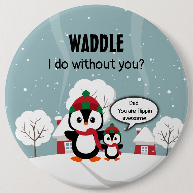 Chapa Redonda De 15 Cm Pingüino Gris Y Bebé En Nieve De Invierno (Anverso)