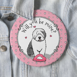 Chapa Redonda De 15 Cm Pink Valentine Old English Sheepdog Gray 1 Fun