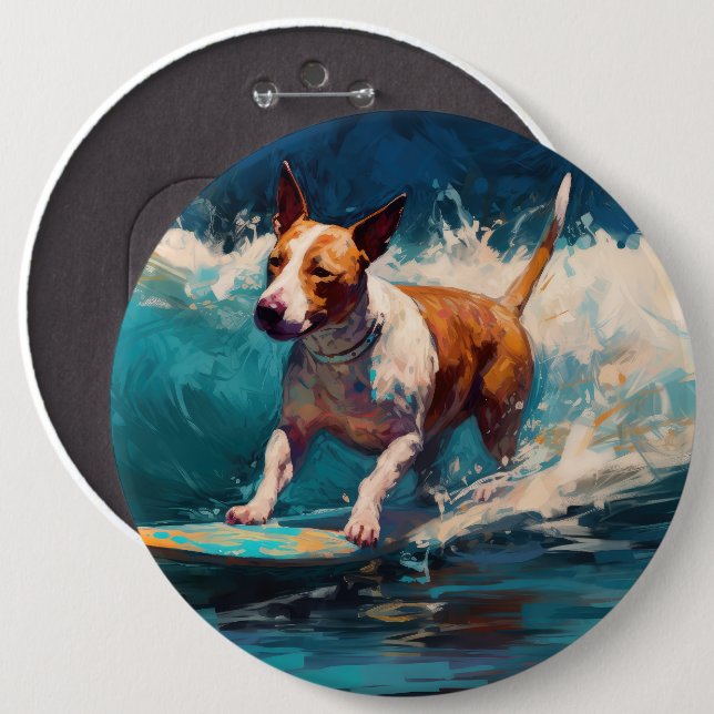 Chapa Redonda De 15 Cm Pintado de surf Bull Terrier Beach (Anverso y reverso)