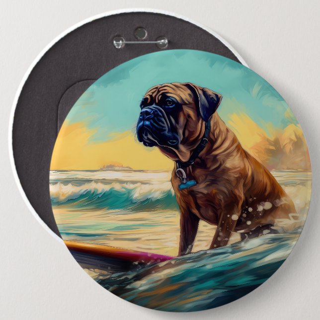 Chapa Redonda De 15 Cm Pintura de Bullmastiff Beach Surfing (Anverso y reverso)