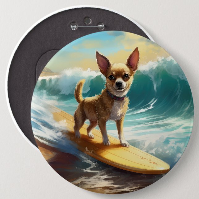 Chapa Redonda De 15 Cm Pintura de Chihuahua Beach Surfing (Anverso y reverso)