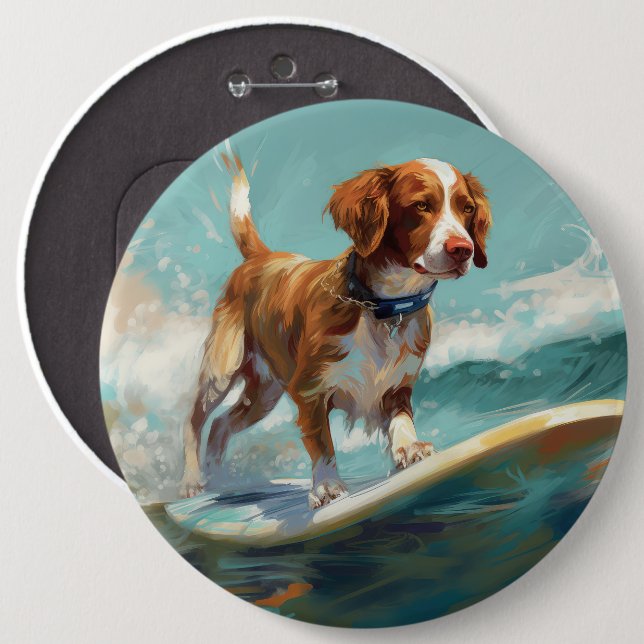 Chapa Redonda De 15 Cm Pintura de surf en la playa de Brittany Spaniel (Anverso y reverso)