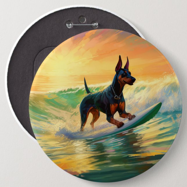 Chapa Redonda De 15 Cm Pintura Doberman Beach Surfing (Anverso y reverso)
