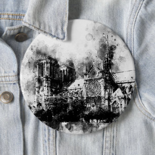 Chapa Redonda De 15 Cm Pintura en blanco y negro de la catedral de Notre