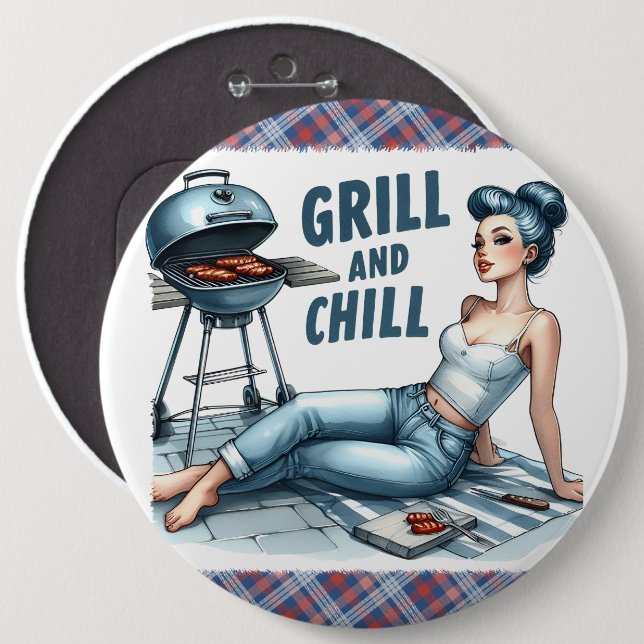 Chapa Redonda De 15 Cm Pinup Lady Grill & Chill Pinback Pins Humorísticos (Anverso y reverso)