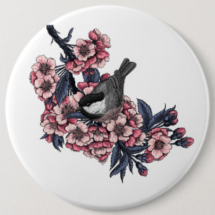 Chapa Redonda De 15 Cm Pollo en una rama de cerezo floreciente