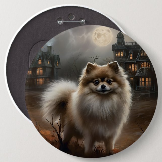 Chapa Redonda De 15 Cm Pomerania de Halloween de terror (Anverso y reverso)