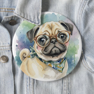 Chapa Redonda De 15 Cm Pug adorable con gafas en acuarela